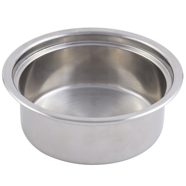 A close-up of a round silver stainless steel bowl with a round rim.