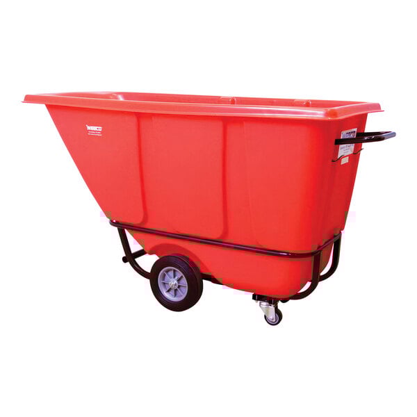 A red plastic container with black wheels.