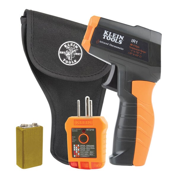 A close-up of a black and orange Klein Tools infrared thermometer.