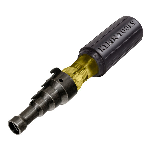 A close up of a Klein Tools Conduit Fitting and Reaming Screwdriver with a yellow and black handle.