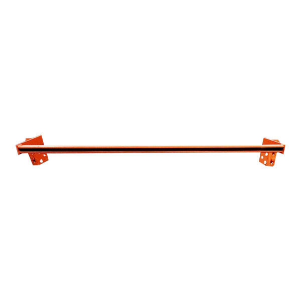 An orange and black metal bar with a rectangular metal piece on the end.