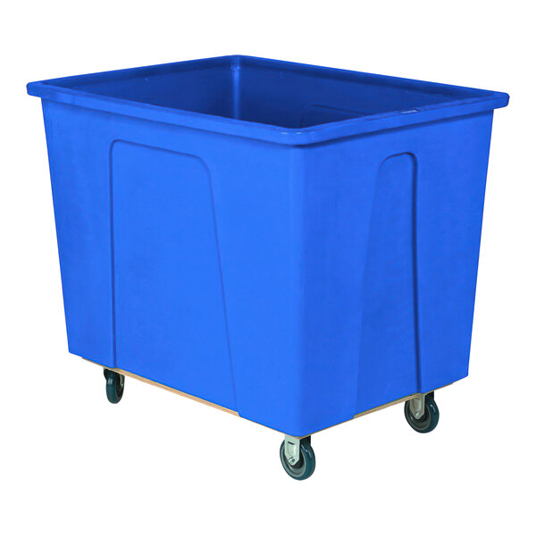 A blue plastic container with wheels.