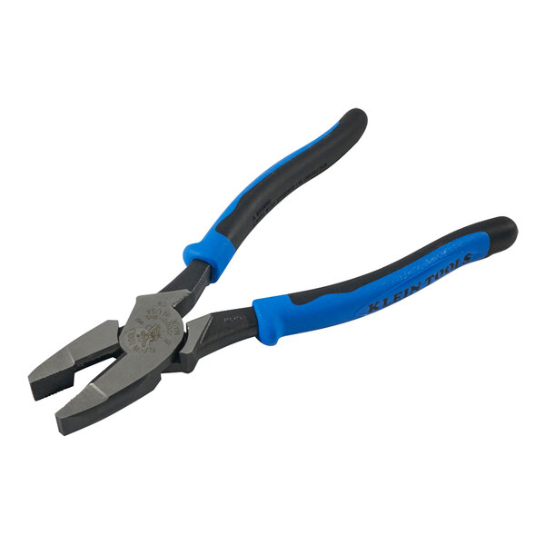 Klein Tools Journeyman High-Leverage Side Cutting Lineman's Pliers with blue handles.