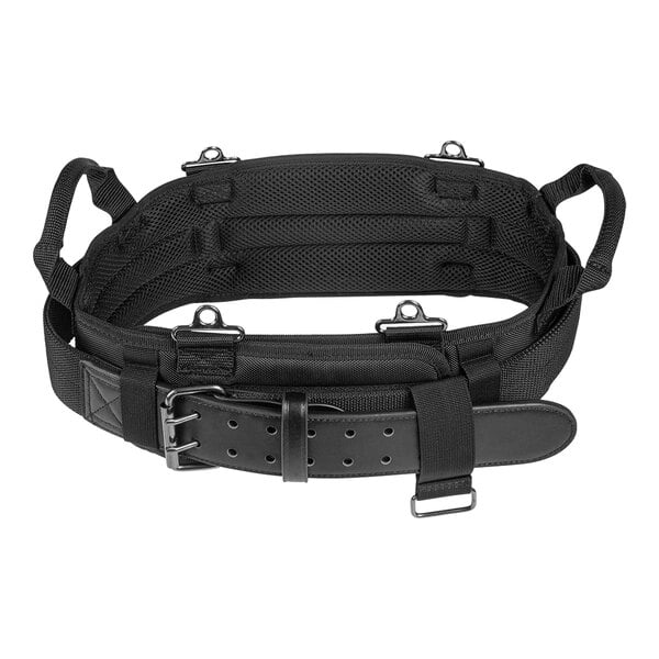 A black Klein Tools modular tool belt with metal clasps.