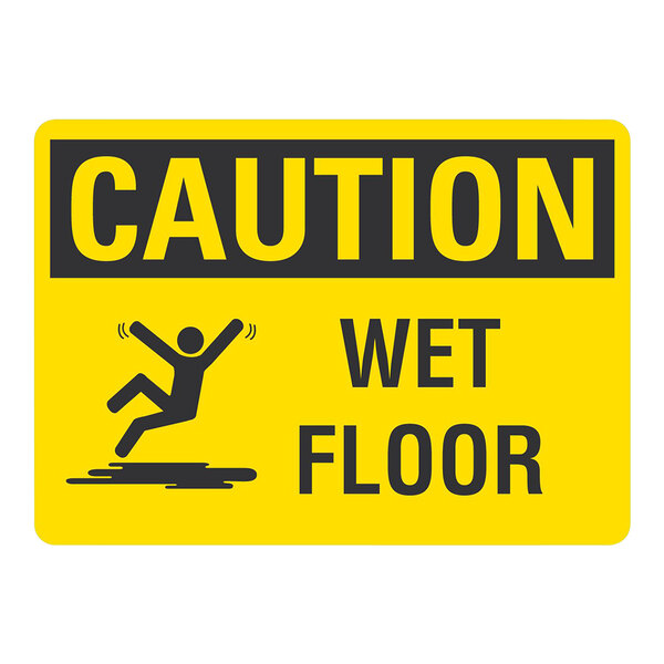 A yellow Lavex adhesive vinyl safety label with "Caution / Wet Floor" in large letters and a person falling symbol.