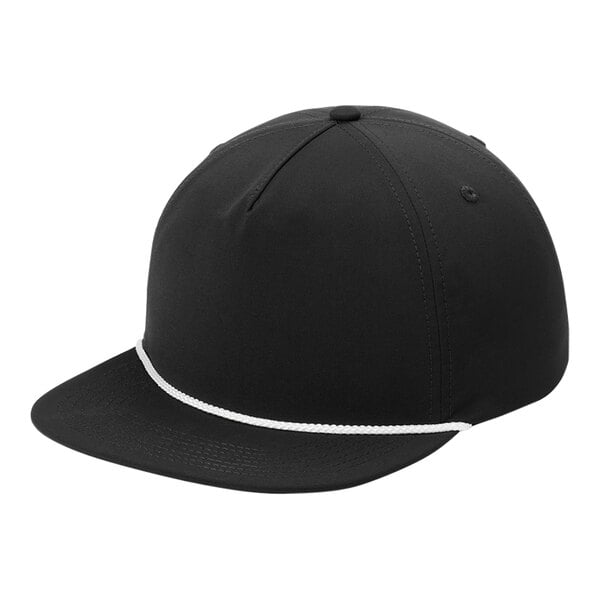 A black 5-panel hat with a white stripe.