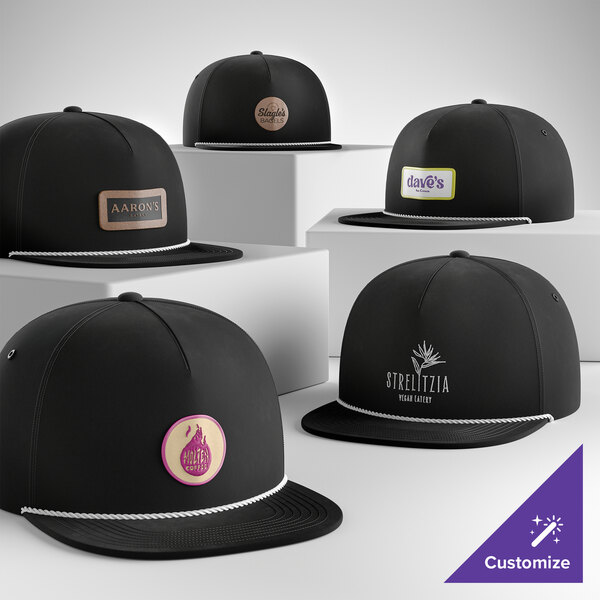 A collection of customizable black and white 5-panel camper caps with rope detail, featuring various logo designs on the front.