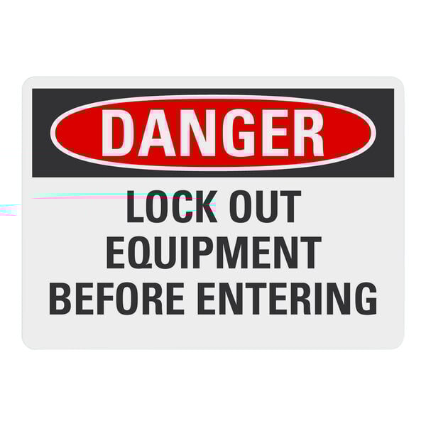 A white rectangular Lavex safety label with black text reading "Danger Lock Out Equipment Before Entering"