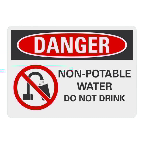 A white Lavex safety label with red and black text that says "Danger Non-Potable Water Do Not Drink" with symbols.