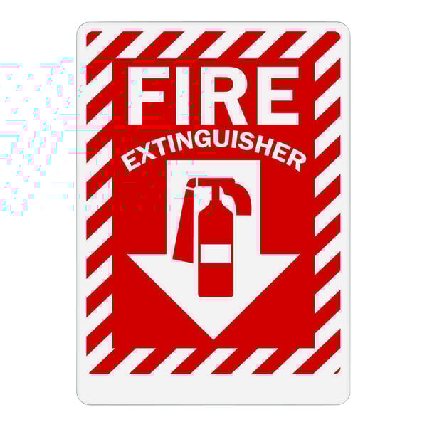 A red and white Lavex fire extinguisher safety label with a down arrow.