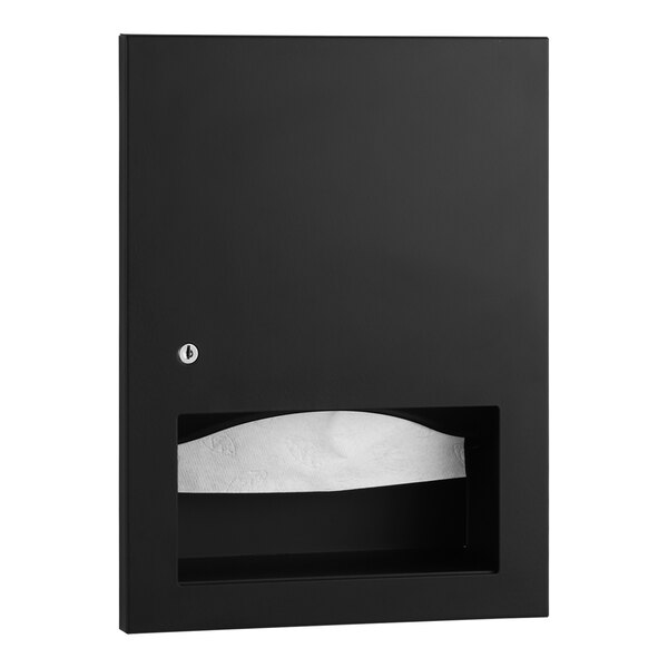 A black Bobrick stainless steel recessed paper towel dispenser with a tissue holder inside.