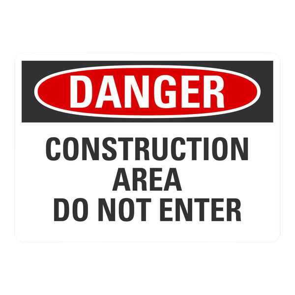A Lavex safety label with red and black text that says "Danger / Construction Area / Do Not Enter"
