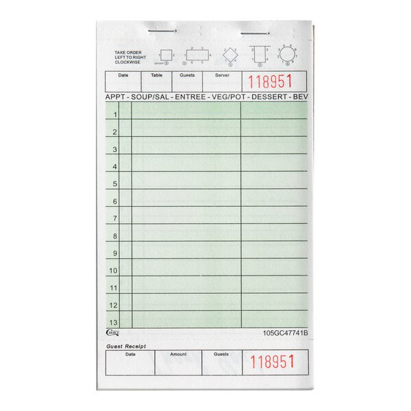 A green and white restaurant guest check pad with beverage lines and a detachable bottom guest receipt section.