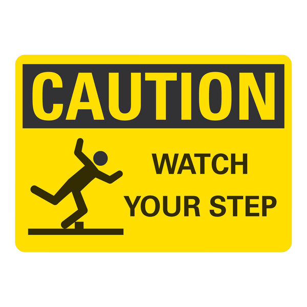 A white rectangular safety label with a yellow and black "Caution / Watch Your Step" warning and a black figure with arms out.