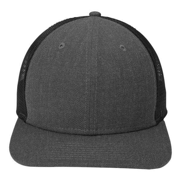 New Era NE207 Customizable Heather Graphite / Black 6-Panel Trucker Cap with Mesh Back - Structured, Low Profile