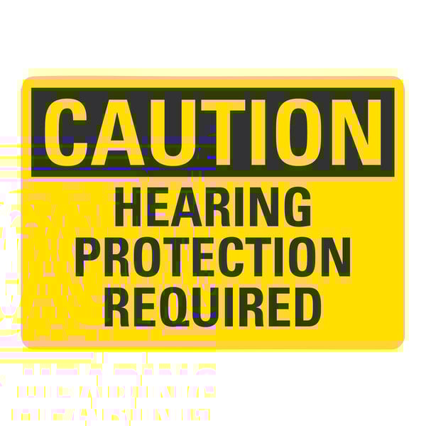 A yellow rectangular Lavex adhesive vinyl safety label with black text that says "Caution / Hearing Protection Required"
