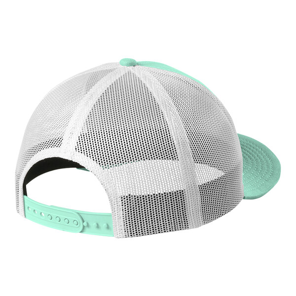 A mint and white New Era trucker cap with mesh back.