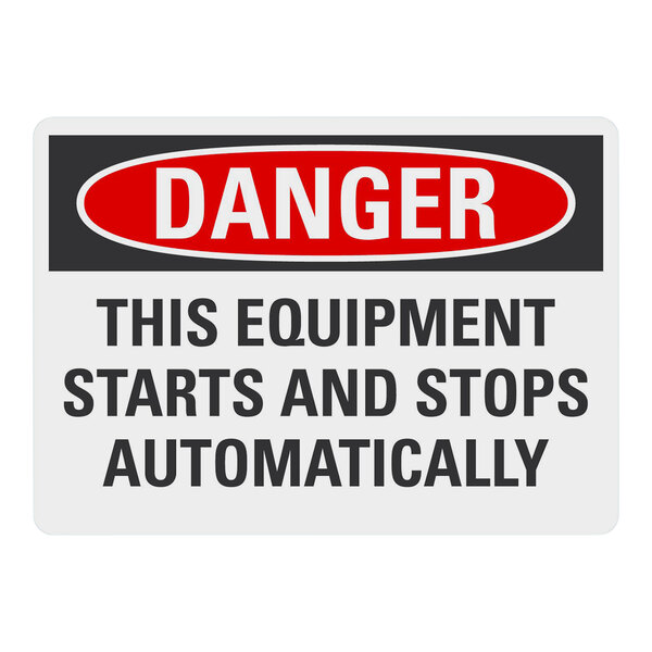 A white rectangular Lavex adhesive safety label with black text that reads "Danger / This Equipment Starts And Stops Automatically"