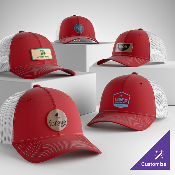 A collection of customizable flame red and white 6-panel trucker caps with mesh backs, displayed on white platforms.