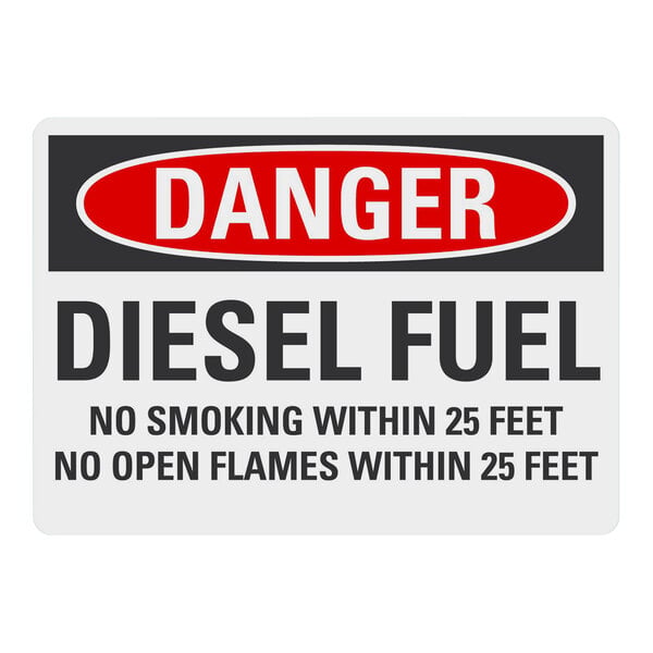A white and red Lavex safety label with the words "Danger Diesel Fuel No Smoking Within 25 Feet" in white letters.