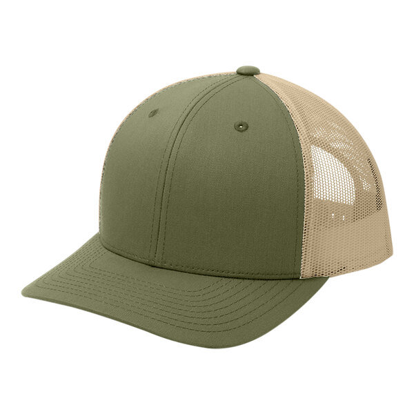 A green and tan Sport-Tek trucker cap with mesh back and mesh front panels.