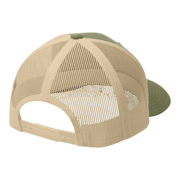 A close-up of the mesh back of a green and tan Sport-Tek trucker cap.