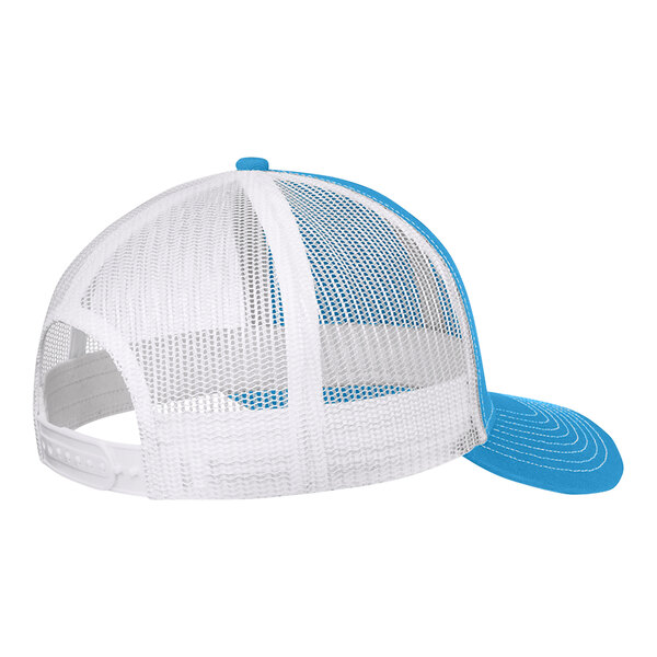 A blue and white Port Authority trucker cap with mesh back.