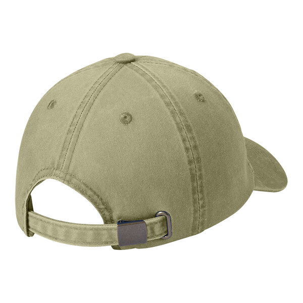 A back view of a khaki Port Authority baseball cap with a metal buckle.