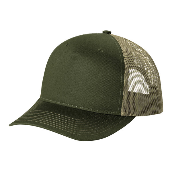 A green and tan Port Authority trucker cap with a mesh back.