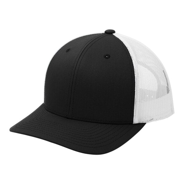 A black and white structured trucker cap with mesh back.