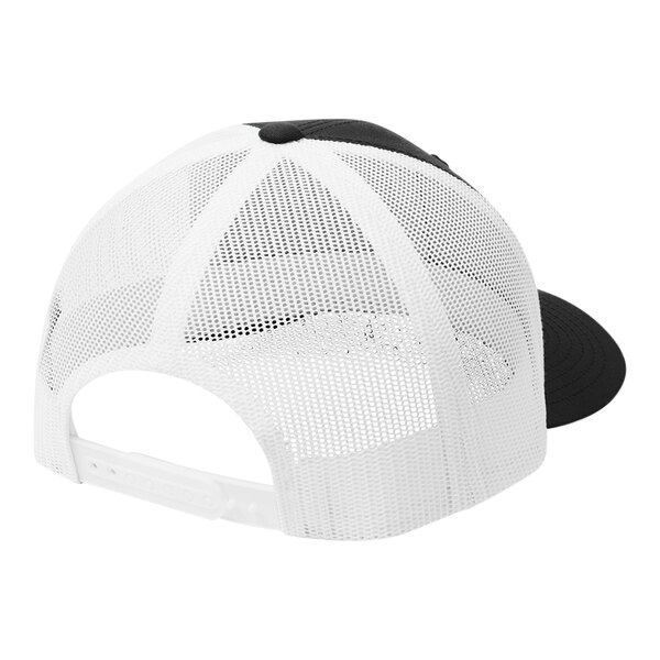 A black and white Sport-Tek trucker cap with a mesh back.