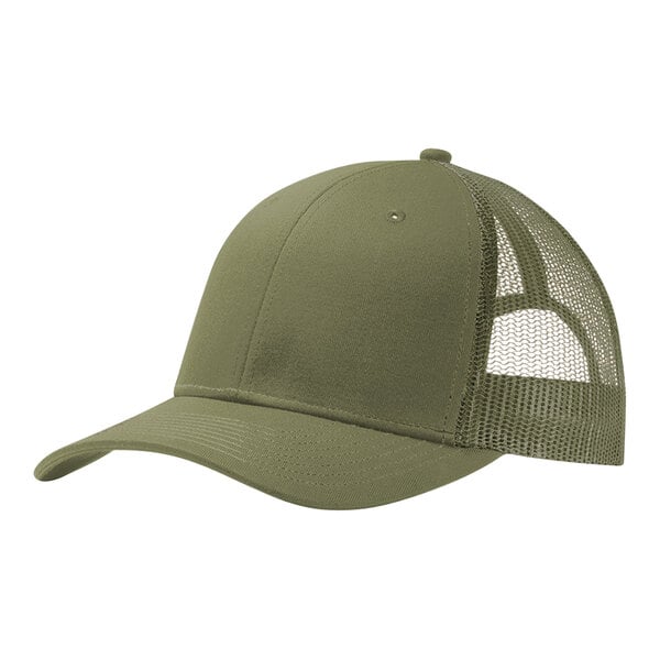 An olive drab green Port Authority trucker hat with mesh back.