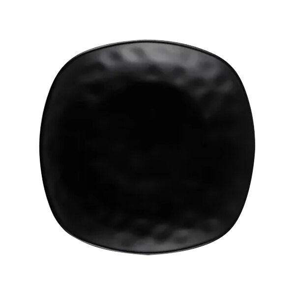 A black square Elite Global Solutions melamine plate with rounded edges.