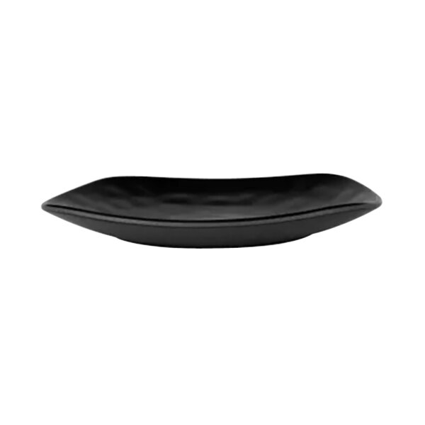 An Elite Global Solutions black square melamine plate with rounded edges.