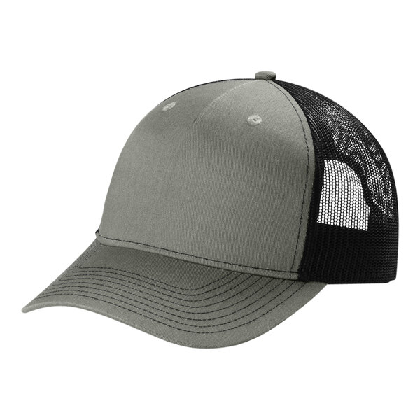 A heather gray and black Port Authority trucker cap.