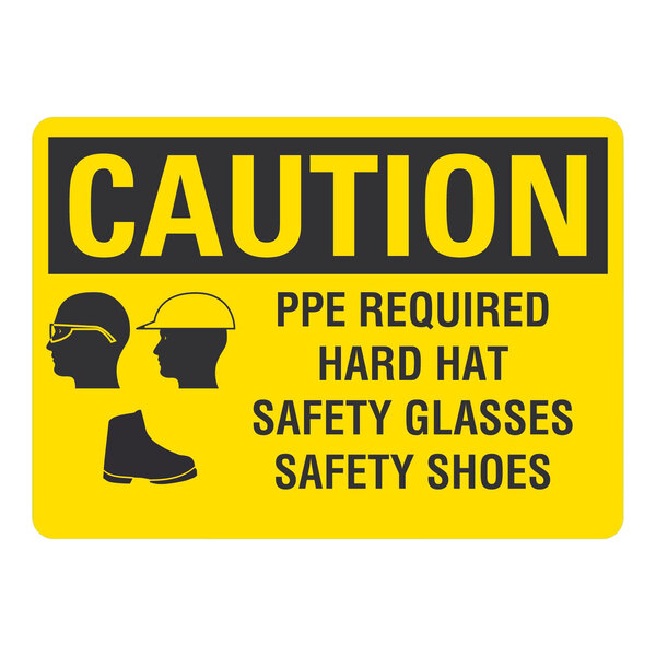 A yellow and black Lavex Safety Label with text and silhouettes reading "Caution PPE Required Hard Hat Safety Glasses"
