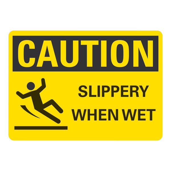 A yellow plastic Lavex "Caution / Slippery When Wet" sign with black text and a person falling.