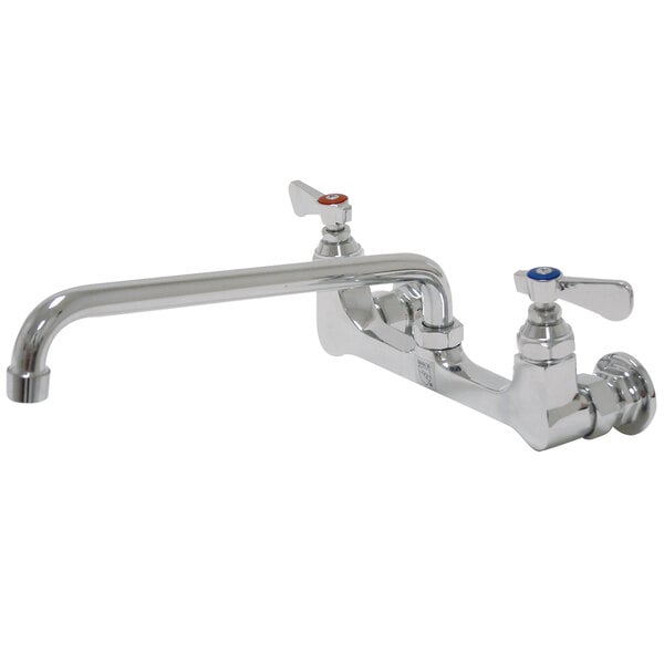 An Advance Tabco wall-mount faucet with two handles and an 8" swing nozzle.