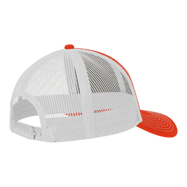 A white and orange Port Authority trucker cap with a mesh back.