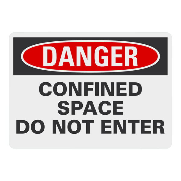 A Lavex safety label for confined space with black text and a red circle that says "Danger / Confined Space / Do Not Enter"