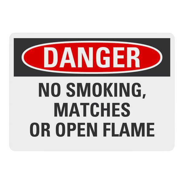 A Lavex aluminum safety sign that says "Danger / No Smoking, Matches Or Open Flame" in black and white.