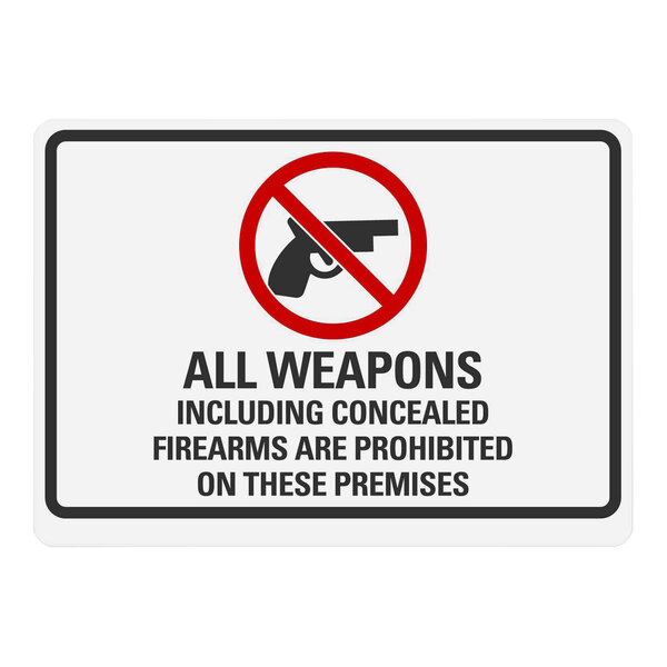 A white rectangular Lavex safety label sign that says "All Weapons Including Concealed Firearms Are Prohibited" with a gun symbol.