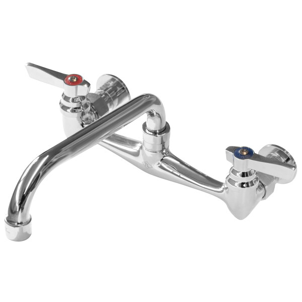 A chrome Advance Tabco wall mount swing faucet with two handles and two faucets.