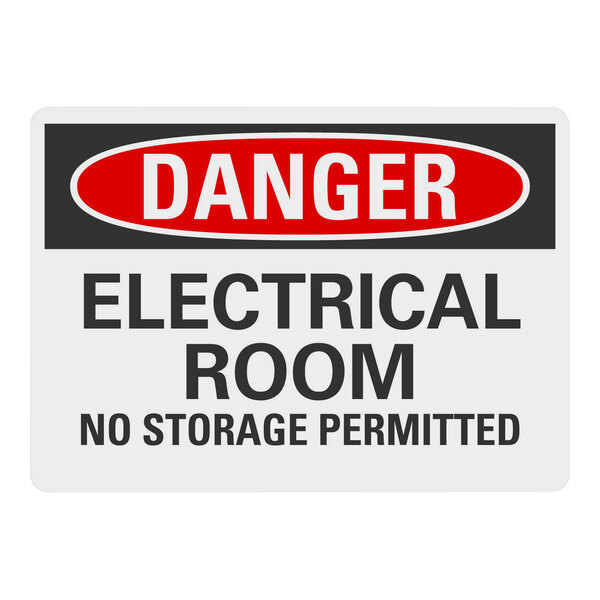 A white plastic safety sign with black text that says "Danger / Electrical Room / No Storage Permitted"