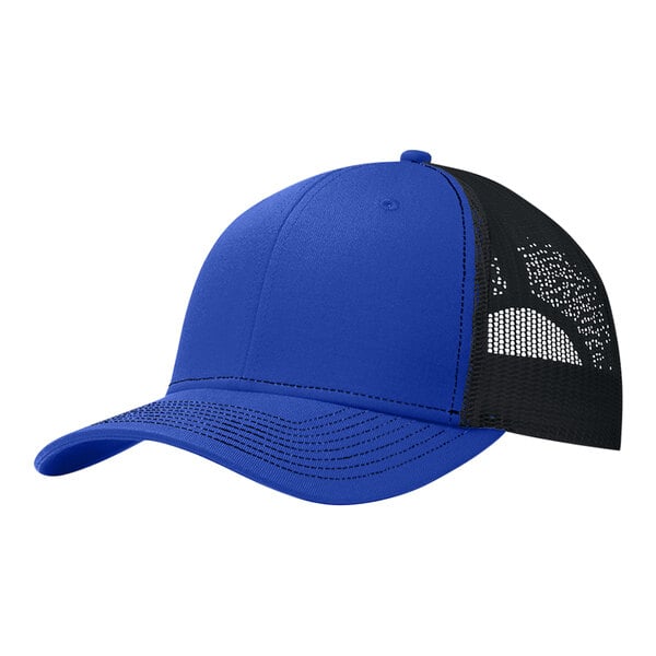 A Port Authority blue and black 6-panel trucker cap with a mesh back.