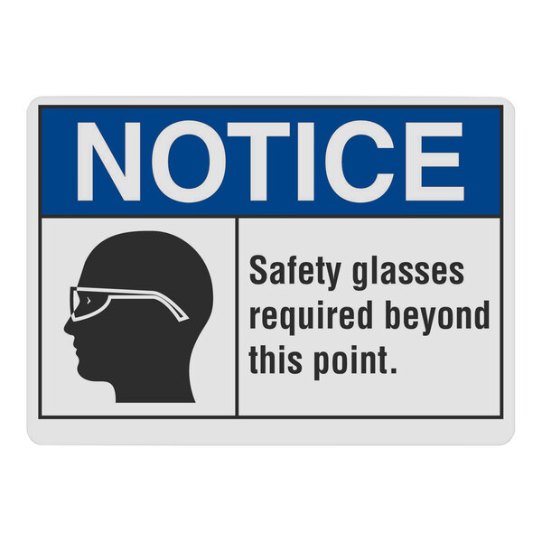 a blue and white notice sign with a silhouette of a person wearing goggles