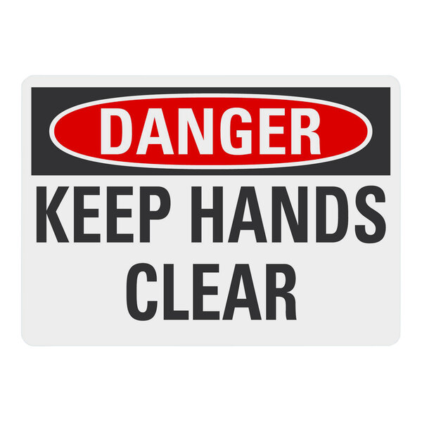 A white and black Lavex adhesive vinyl safety label with the message "Danger / Keep Hands Clear"