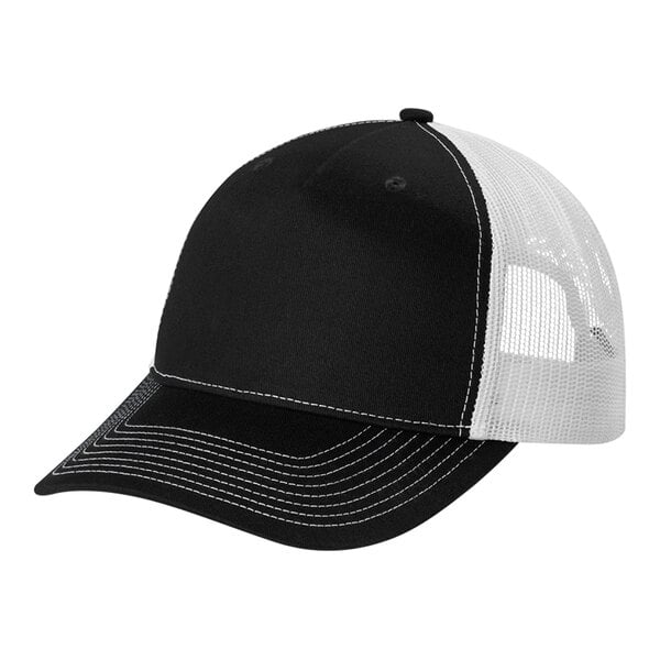 A black and white Port Authority trucker cap with mesh back.