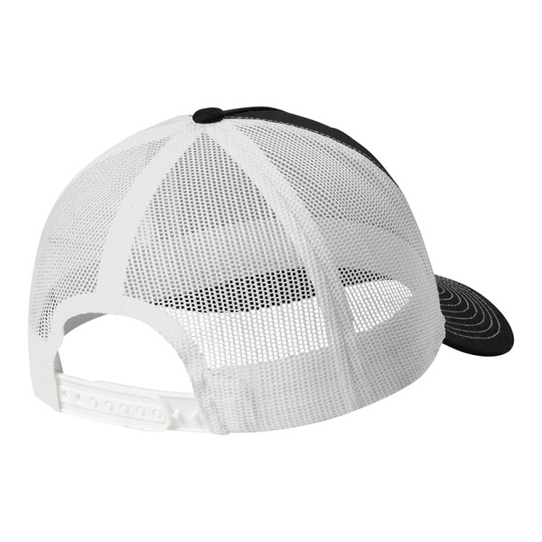A black and white Port Authority trucker cap with a mesh back.