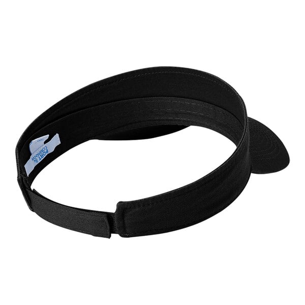 A black Port & Company visor with a white label.